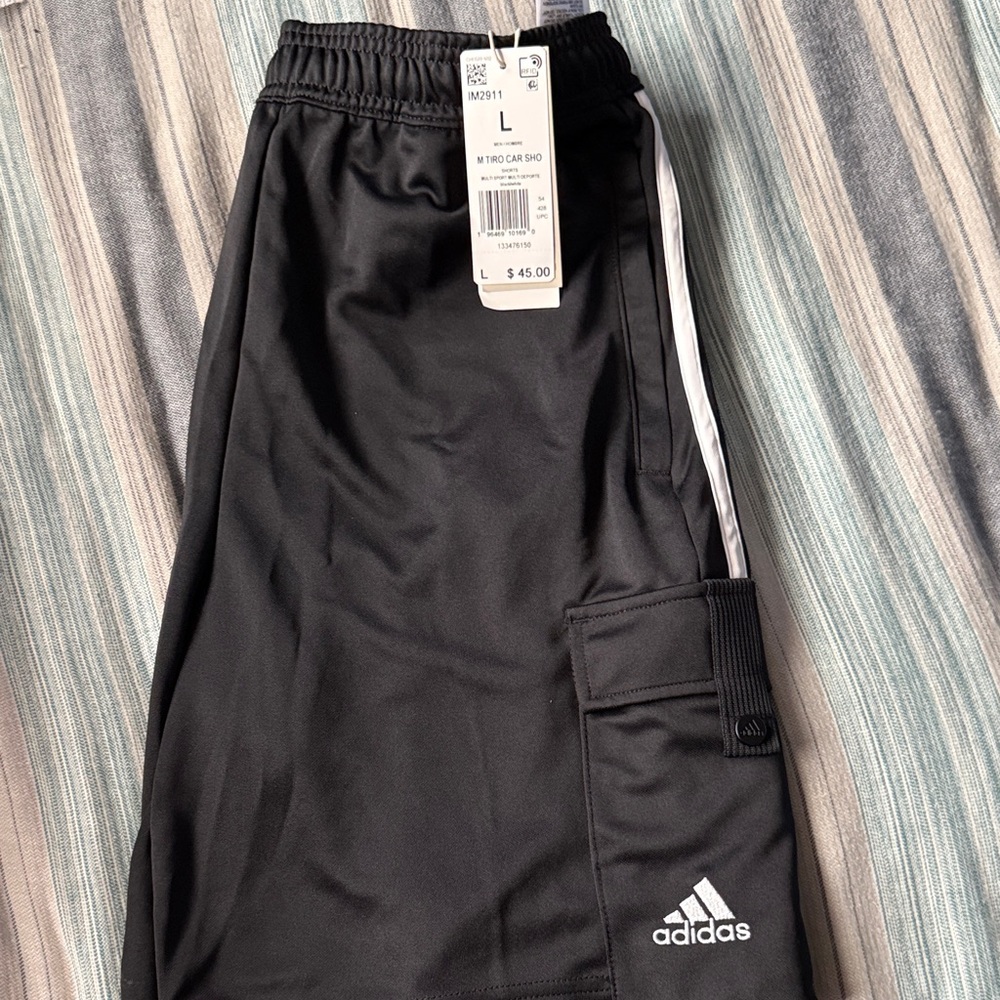 adidas Black Cargo shorts with White Side Stripe